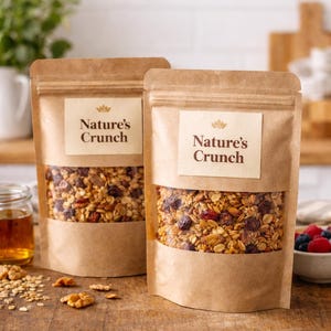 May include: Two brown paper bags of granola with a clear window, labeled "Nature's Crunch." The granola contains oats, nuts, and dried fruit. A jar of honey, oats, walnuts, and a bowl of berries are on a wooden surface.