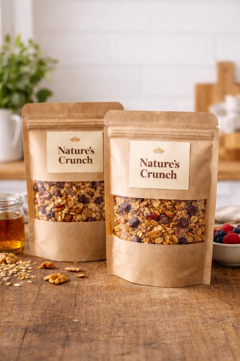 May include: Two brown paper bags of granola with a clear window, labeled "Nature's Crunch." The granola contains oats, nuts, and dried fruit. A jar of honey, oats, walnuts, and a bowl of berries are on a wooden surface.