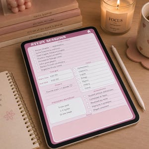 May include: A digital tablet displaying a pink study session planner template with checkboxes, time goals, and a Pomodoro timer section. The screen shows text including Study Sessions, Mathematics, Chemistry, English, Biology, Physics, History, and French.