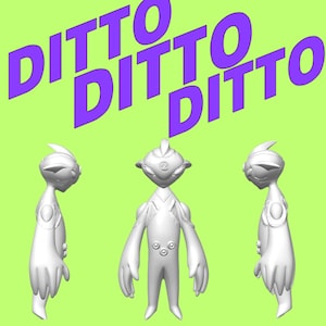 May include: Three white alien-like figures with large heads and slender bodies are displayed against a lime green background. The word "Ditto" is repeated three times in purple, angled across the top. The figures have detailed facial features and circular designs on their chests.