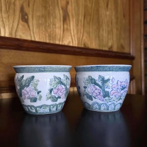 Vintage Chinoiserie Mini Fishbowl Planters | Hand-Painted Ceramic Planter Pair | Boho Home Decor