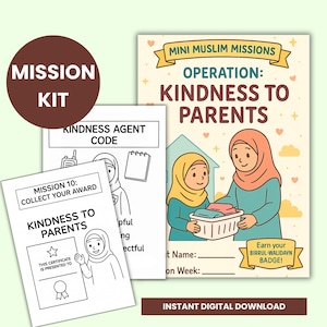 Puede incluir: Un kit de misión digital con el texto "Mission Kit" y "Kindness to Parents". El kit incluye un certificado, código de agente y una guía con ilustraciones de un padre y un niño. El kit es una descarga digital instantánea.