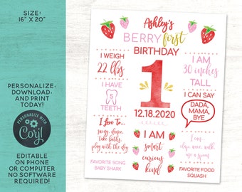 Birthday Stat Sign 1st Birthday Milestone Berry First Birthday Birthday Poster 1208 First Birthday Strawberry Birthday Milestone
