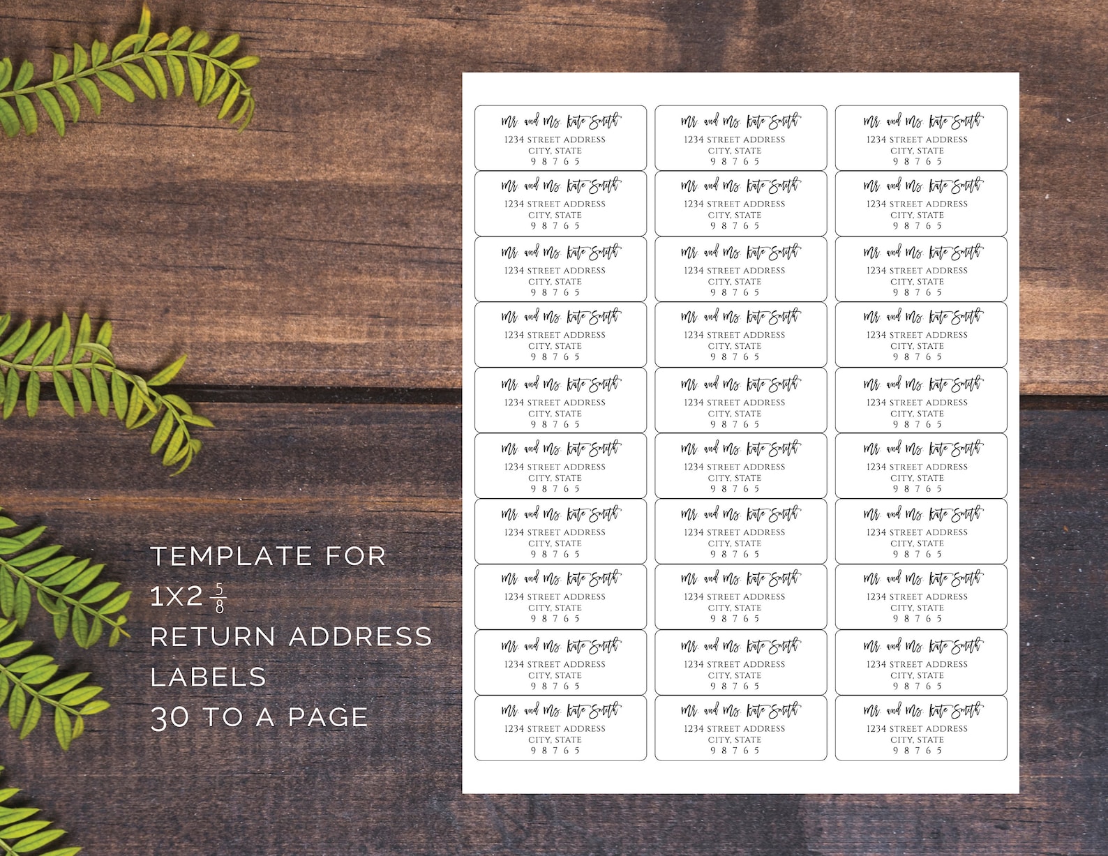 Return Address Label Template // 1x2&5/8 30 per Page //DIY Etsy