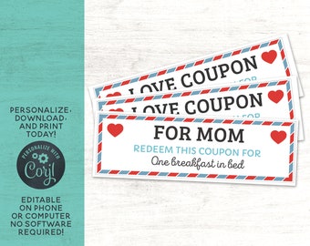 Mother's Day Love Coupons // Printable Tickets // DIY Editable Printable Love Vouchers Valentine's Day
