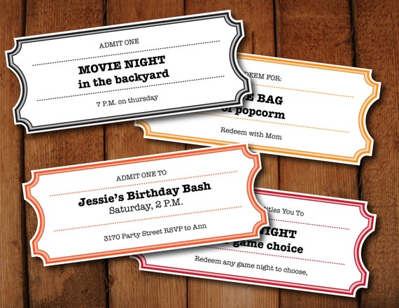 printable coupons tickets vouchers movie night colors etsy
