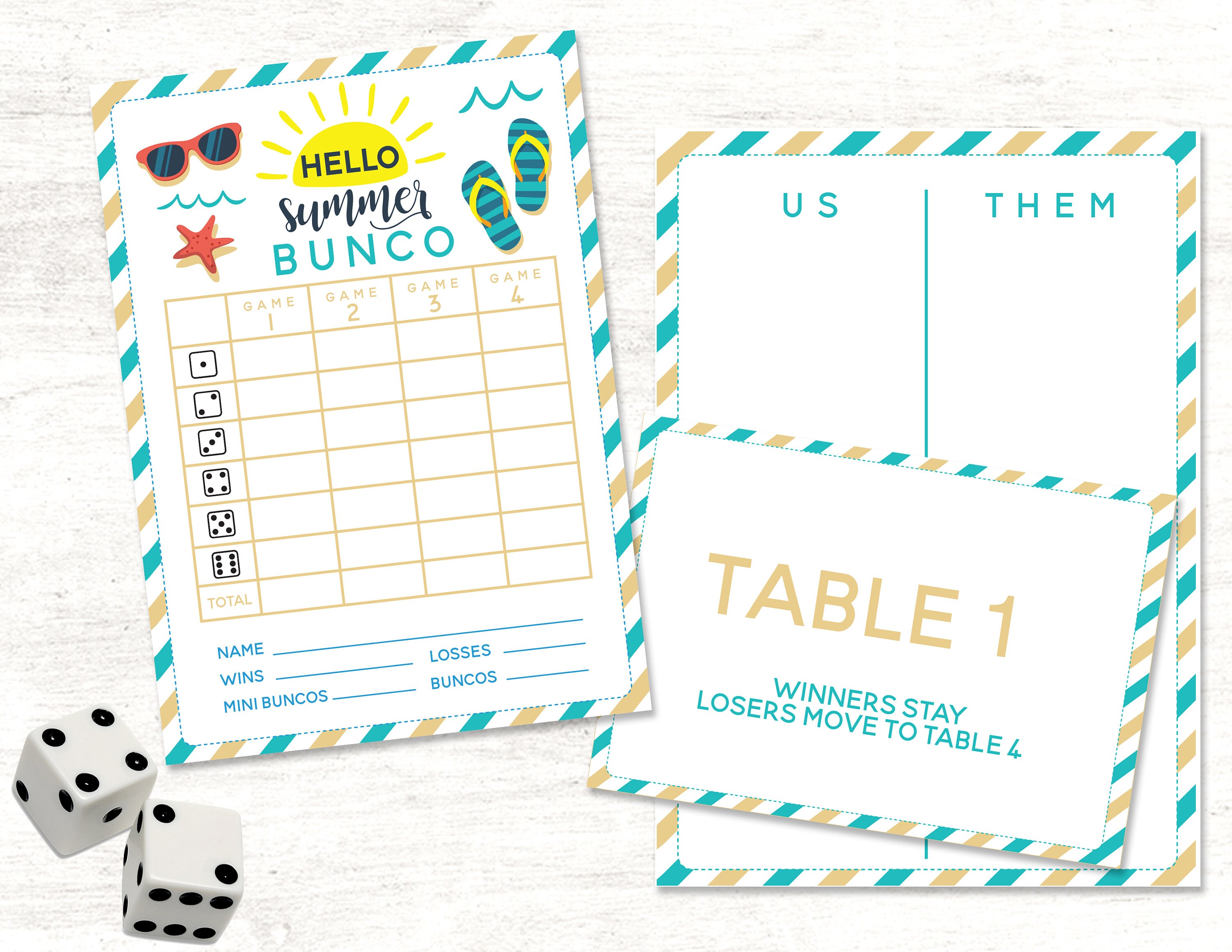 Hello Summer Bunco Score Card //June July Beach Bunco // 2 sizes incl…