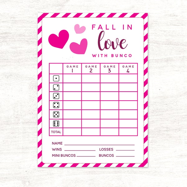 February Valentine Bunco Card // Fall in Love with Bunco // 2 sizes included Printable PDF