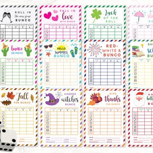 12 maanden jaar van Bunco-kaartenset//januari tot december thema Bunco set//2 maten inbegrepen afdrukbare PDF