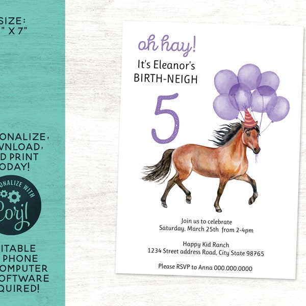 Purple Horse Themed Birthday Party Invitation // Three Four Five // Any Age Digital Party Invitation // DIY EDIT version