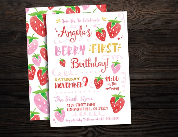 Strawberry Berry First Birthday // Digital Party Invitation // | Etsy