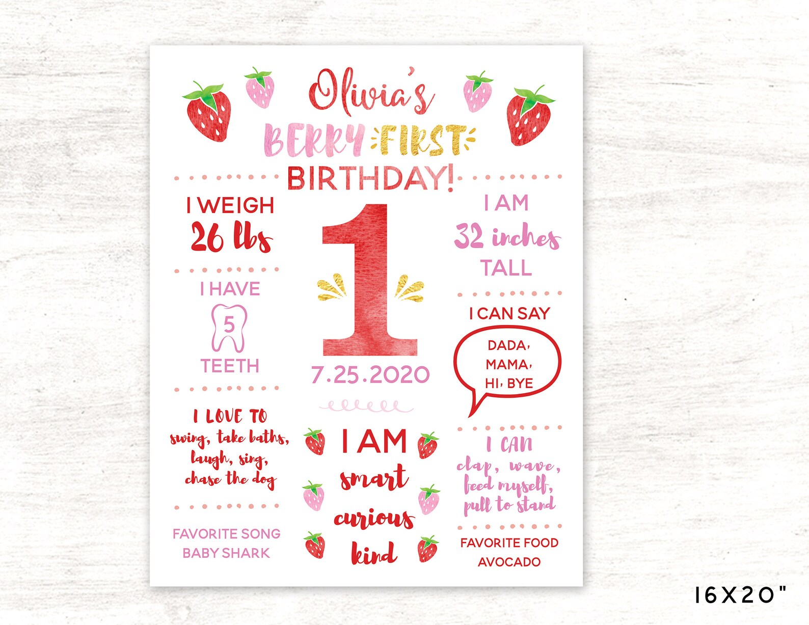 Strawberry Berry First Birthday Milestone Poster // 16x20 | Etsy