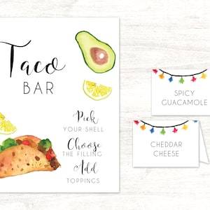 Taco Bar Panneau modifiable et étiquette imprimable // Douche nuptiale Anniversaire CInco De Mayo // DIY modifier Panneau et cartes d'étiquettes modifiables