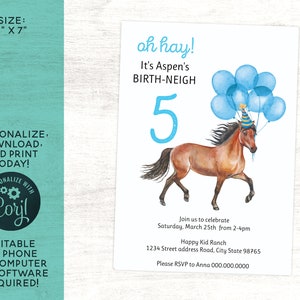 Birth-neigh Horse Birthday Party Invitation // Any Age Digital Party Invitation // Blue DIY EDIT version