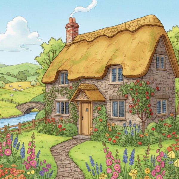 Cottage Coloring Book Pages for Adults — Cozy Cottagecore Home Illustrations — Printable PDF