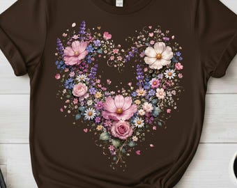 Vintage Floral Heart Wildflower Botanical shirt Garden Bloom tshirt Cottagecore Nature Lover tee Elegant Pink Flower Aesthetic shirt