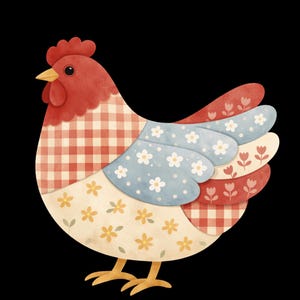 Könnte beinhalten: Eine farbenfrohe Illustration eines Huhns mit rotem Kamm und Kehllappen, gelbem Schnabel und Füßen. Der Körper des Huhns besteht aus Patchwork-Mustern, darunter rot-kariert, blau mit weißen Blumen und cremefarben mit gelben Blumen und Blättern.
