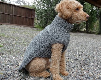 May include: A light brown dog wearing a gray, hand-crocheted sweater with a high, ribbed collar. The dog is sitting on a gravel surface, with a wooden fence and trees in the background. The sweater covers the dog's chest and back.