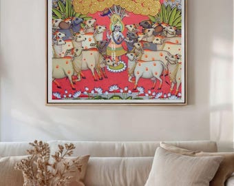 Krishna With Cows Pichwai Art Print | Hindu Spiritual Wall Decor (Digital Download)