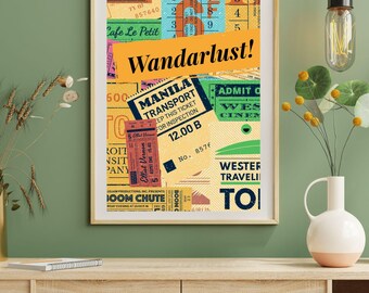 Wanderlust Travel Wall Art Printable | Vintage Travel Collage Poster | Travel Quote Art | Digital Download Wall Decor