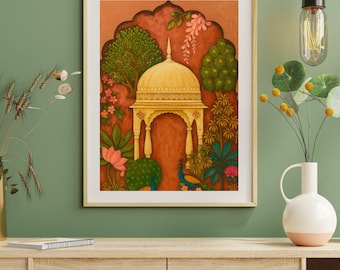 Mughal Art Print | Rajasthani Peacock & Floral Palace Decor (Digital Download)