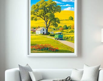Vintage Farmhouse Landscape Print | Rustic Countryside Scene (Digital Download)