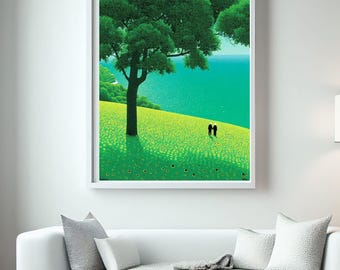 Green Meadow Lake Art Print | Serene Nature Landscape (Digital Download)