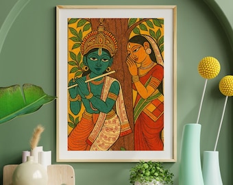 Krishna & Radha Madhubani Impresión de arte / Arte popular indio / Decoración de pared Mithila / Pintura espiritual hindú / Decoración del hogar étnico Boho