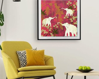 Indian Elephant Art Print | Pink Floral Boho Decor (Digital Download 20x20)