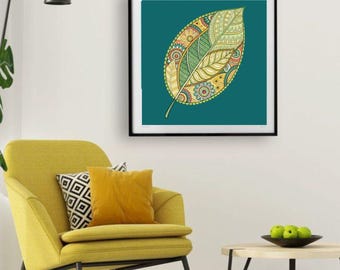Botanical Leaf Art Print | Modern Green Home Decor (20x20 Digital Download)