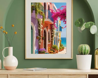 Mediterranean Street Print | Coastal Village, Bougainvillea (Digital Download)