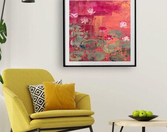 Pink Lotus Flower Print | Modern Botanical Wall Art (Digital Download 20x20 Inch)