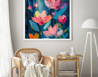 Abstract Floral Print | Blue & Pink Flower Painting (Digital Download 36x36 Inches)