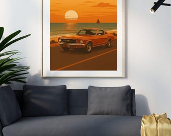 Vintage Sunset Car Wall Art Printable | Retro Coastal Road Trip Art | Classic Car Poster | Digital Download