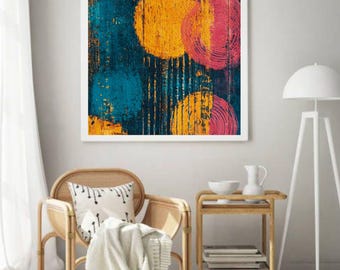 Teal, Mustard, and Pink Circles Art Print | Modern Geometric Decor (Digital Download)