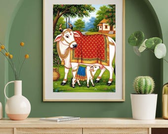 Impressão artística de vaca e bezerro Kamdhenu | Decoração tradicional indiana (Download digital)