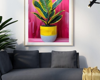 Modern Plant Art Print | Pink, Green, and Yellow (Digital Download)