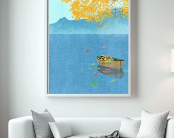 Autumn Lake Boat Art Print | Japanese Landscape (Digital Download Bundle)