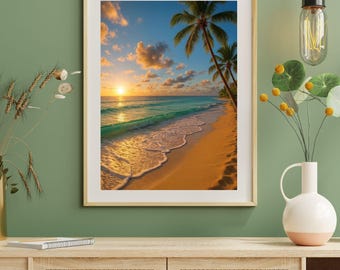 Tropical Beach Sunset Wall Art Printable | Coastal Ocean Landscape Digital Download | Calm Beach Home Decor