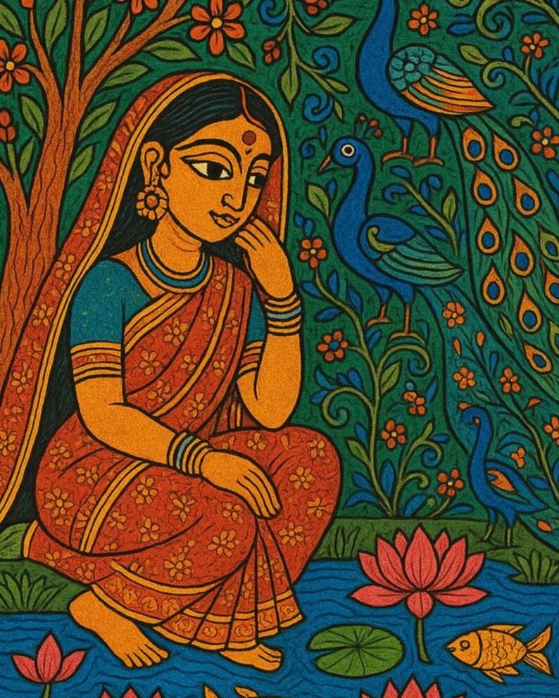 Madhubani Art Print | Indian Folk Art Woman & Peacocks | Traditional ...