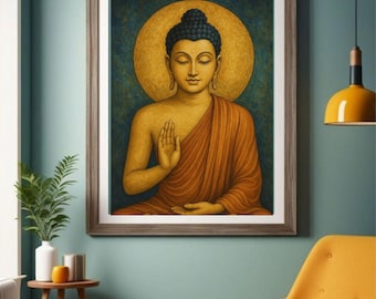 Retrato de Buda, Arte Zen em Tons de Dourado e Azul-petróleo (Download Digital)