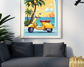 Impresión retro de scooter playero, arte costero tropical (descarga digital)