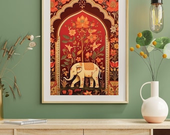 インド象のウォールアート（印刷可能）｜ヴィンテージムガル帝国の花の絵画｜インド王室の装飾｜民族風ホームアートのダウンロード