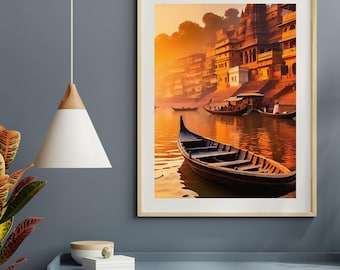 Varanasi Ghat Sunrise Wall Art | Indian River Landscape Printable | Spiritual Boat Scene | Warm Golden Home Decor | Digital Download
