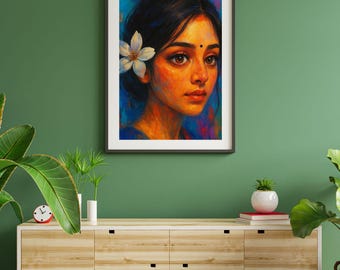 Indian Woman Portrait Art Print | Modern Feminine Wall Decor (Digital Download)