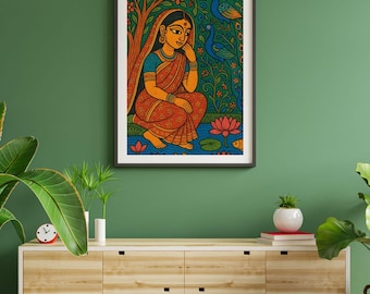 Madhubani Art Print | Indian Folk Art Woman & Peacocks | Traditional Mithila Wall Decor | Lotus Pond Painting | Boho Cultural Home Decor