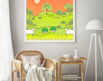 Pichwai Sunset Landscape Print | Indian Folk Art, Peacock & Cow (Digital Download 36x36 Inches)