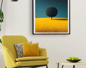 Minimalist Tree Landscape Art Print, Modern Yellow Field Decor (Digital Download 20x20)