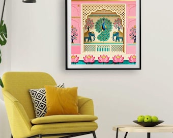 Peacock Palace Art Print | Rajasthani Home Decor (20x20 Digital Download)