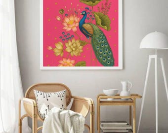 Peacock Lotus Wall Art Print | Pink Indian Floral Boho Bird Artwork (Digital Download)